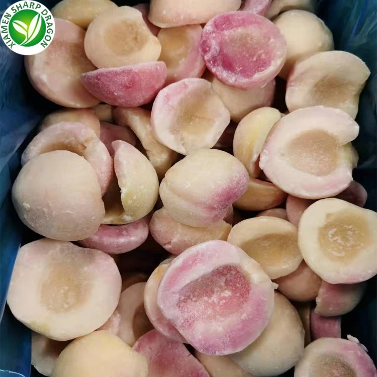 Frozen white peach halves with light surface frost